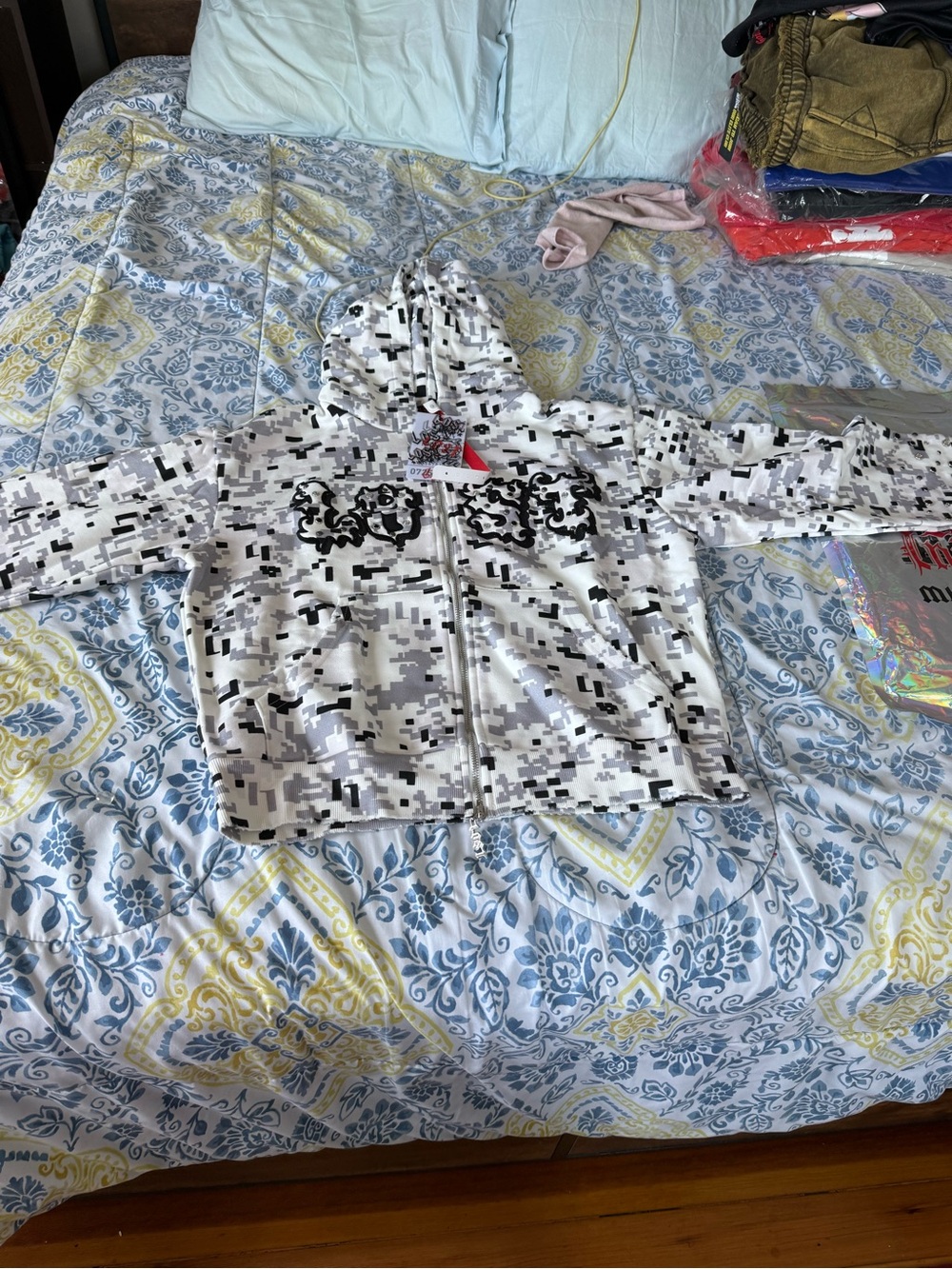 Lost Intricacy Men’s  White & Gray Digital Camo Zip Hoodie with Black Graphic